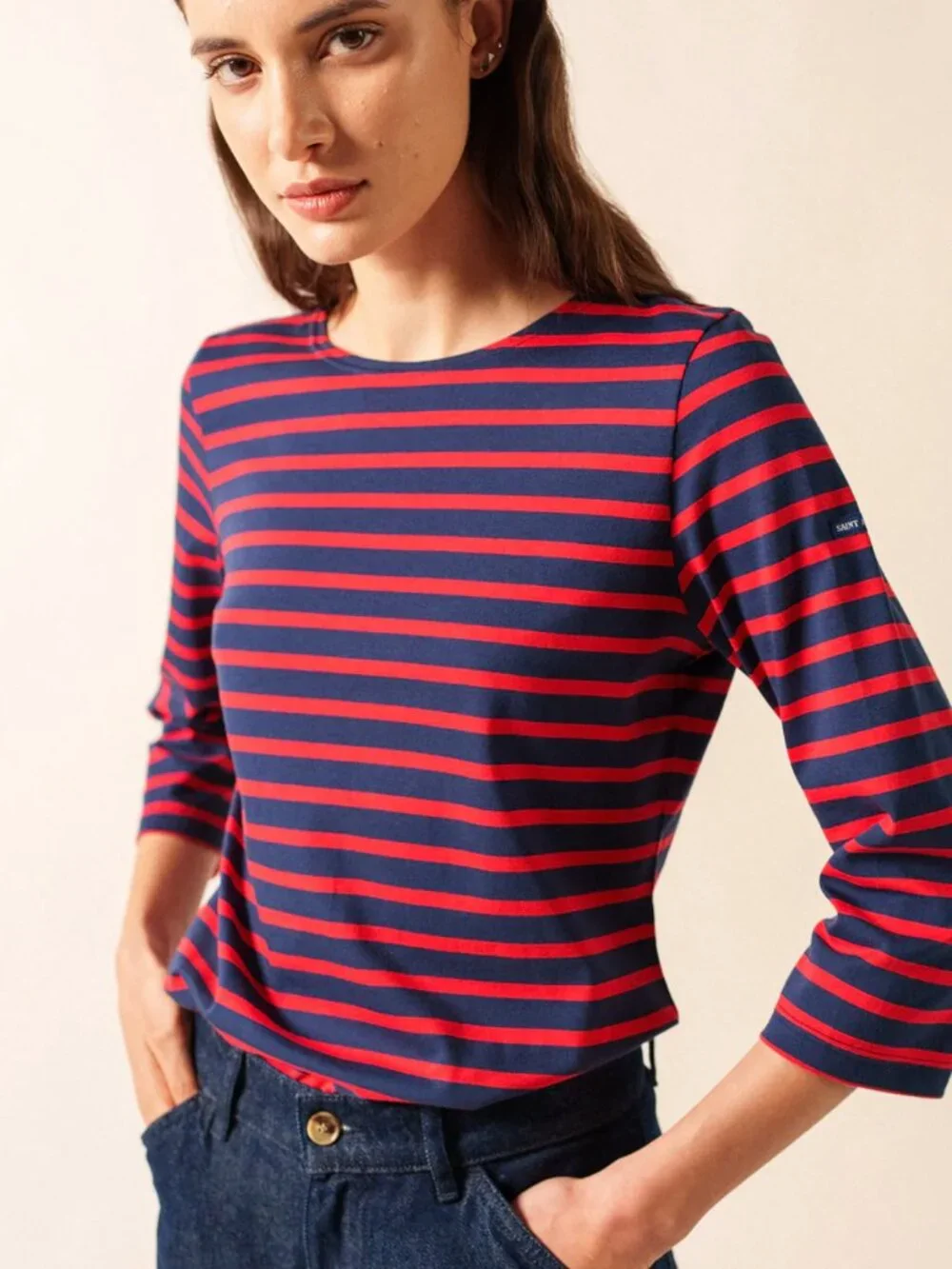 Saint James GALATHEE II Breton Striped Top Navy/Red wm sz 10 (slim) - Picture 8 of 11